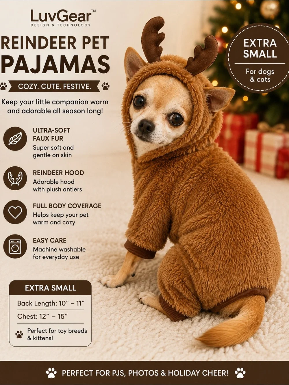 Reindeer Pet Pajamas - Cozy Brown Faux Fur (Extra Small)